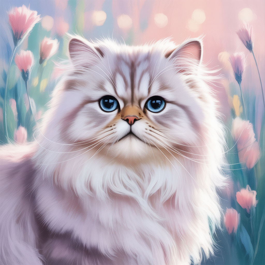 Dreamy pastel memorial portrait of a Persian cat